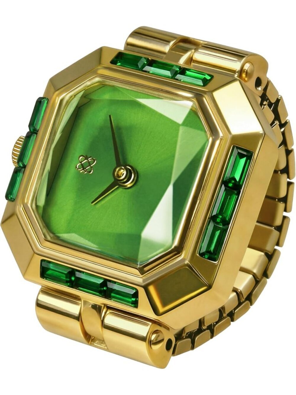 Unisex Gold Green Analog Quartz Gem Cut Lab Grown Sofia Prism Finger Ring Watch